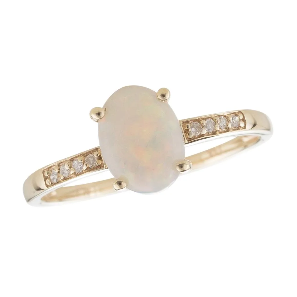 October Birthstone Rings: 14K Yellow Gold Diamond And Opal Ring 