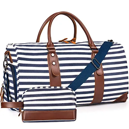 Oflamn 21" Weekender Bags Canvas Leather Duffle Bag Overnight Travel Carry On Tote Bag with Luggage Sleeve (Blue/White Striped) mega luggage savings