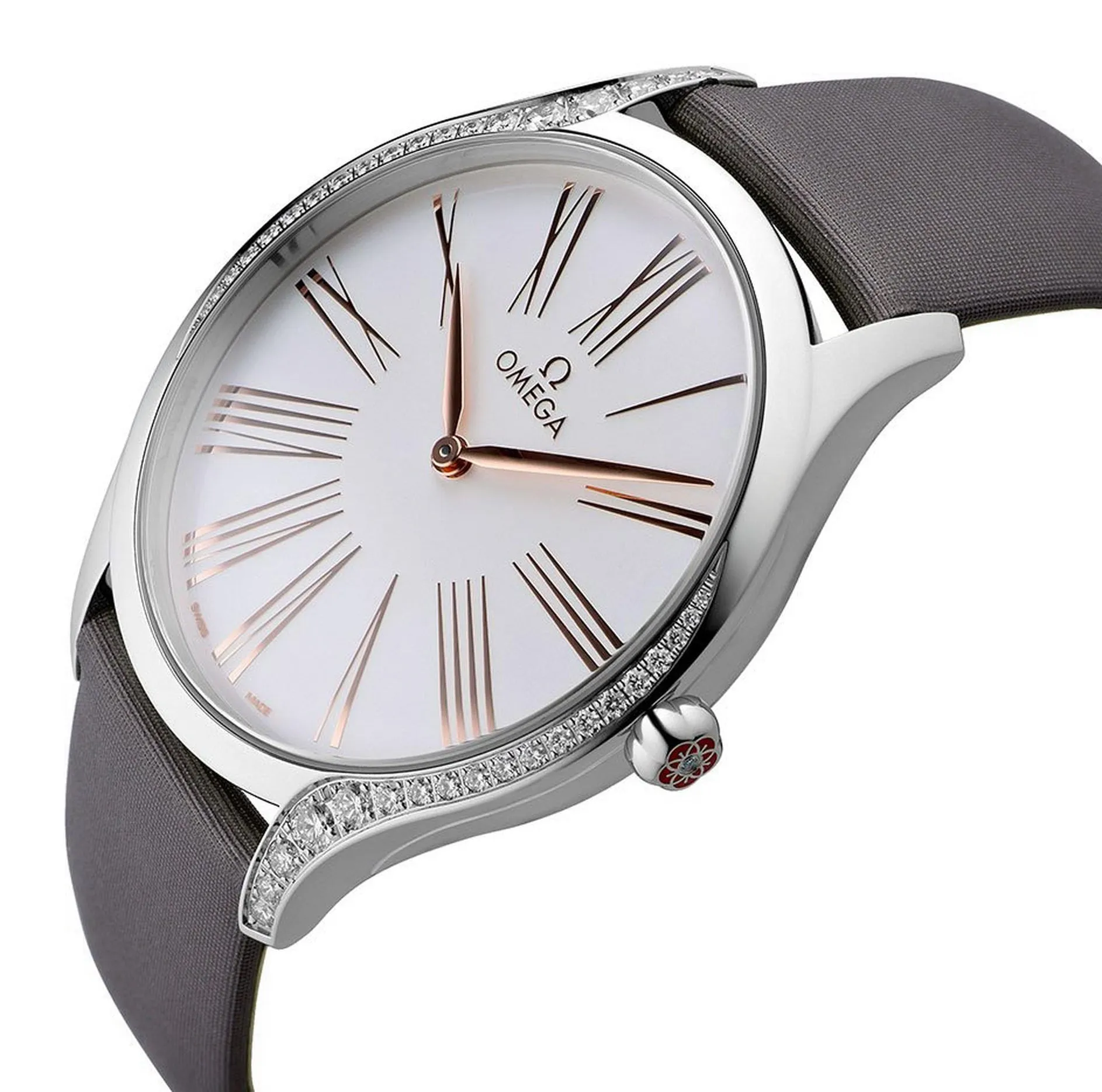 Omega De Ville Tr??sor Stainless Steel Silver Dial Gray Fabric Strap Diamonds Quartz Womens Watch 428.17.39.60.02.001