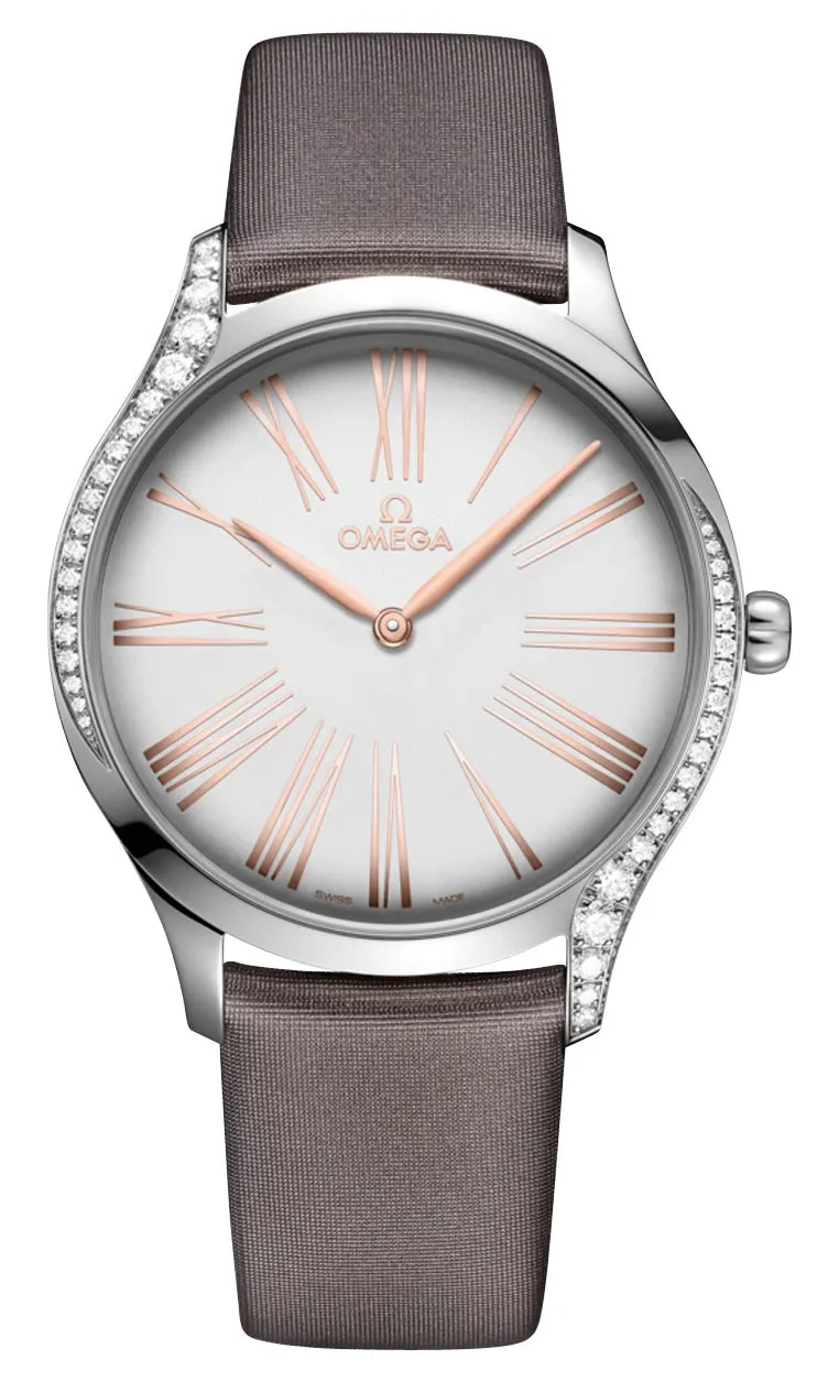 Omega De Ville Tr??sor Stainless Steel Silver Dial Gray Fabric Strap Diamonds Quartz Womens Watch 428.17.39.60.02.001