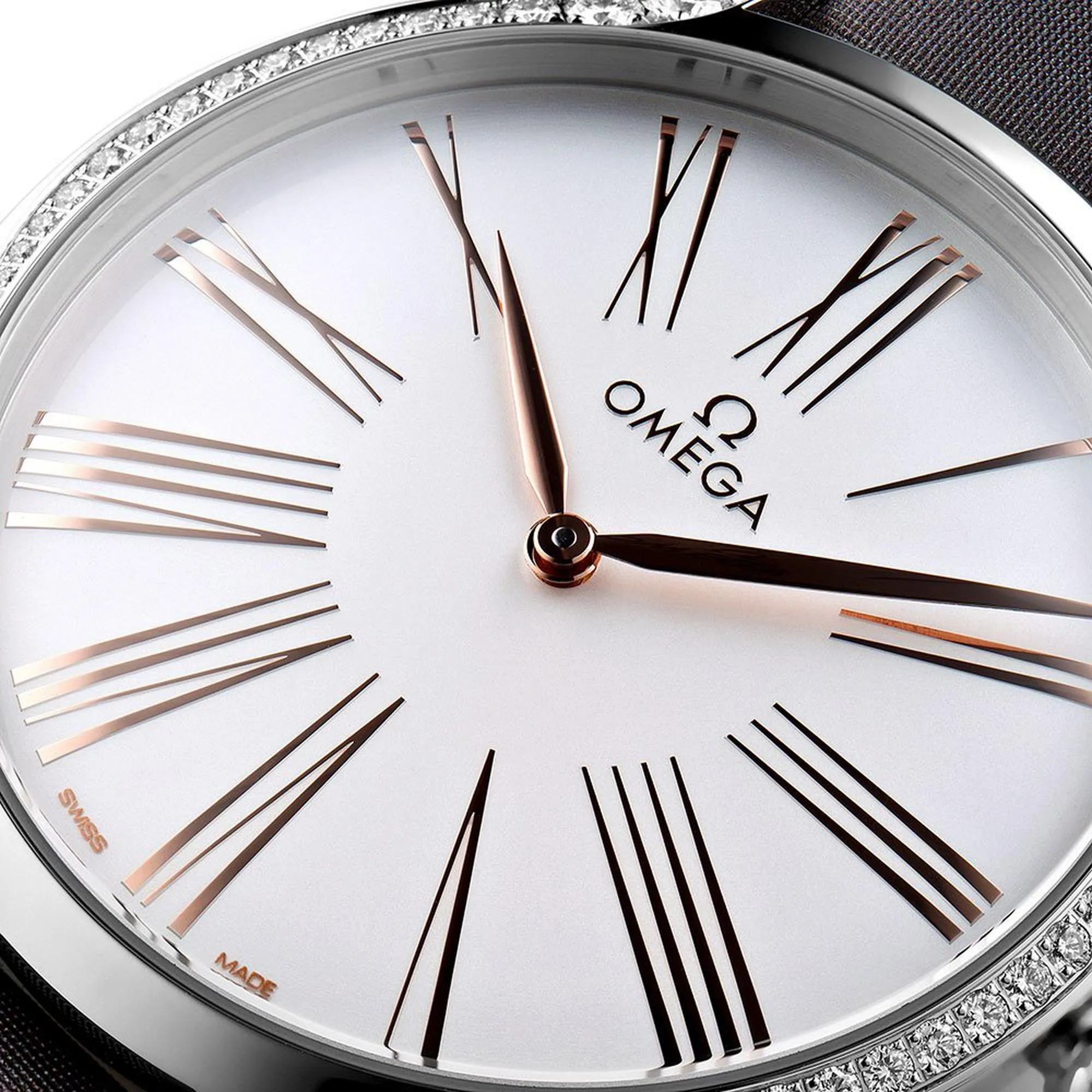 Omega De Ville Tr??sor Stainless Steel Silver Dial Gray Fabric Strap Diamonds Quartz Womens Watch 428.17.39.60.02.001