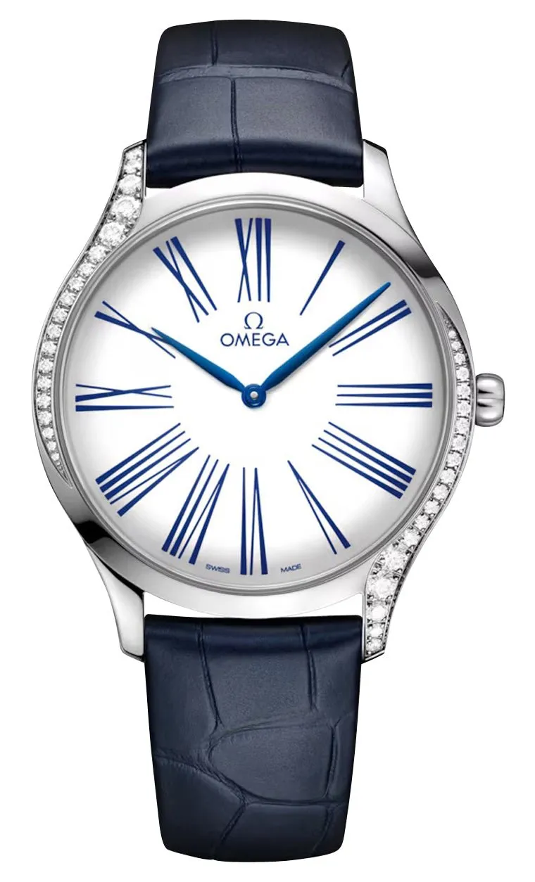 Omega De Ville Tr??sor Stainless Steel White Dial Blue Leather Strap Diamonds Quartz Womens Watch 428.18.39.60.04.001