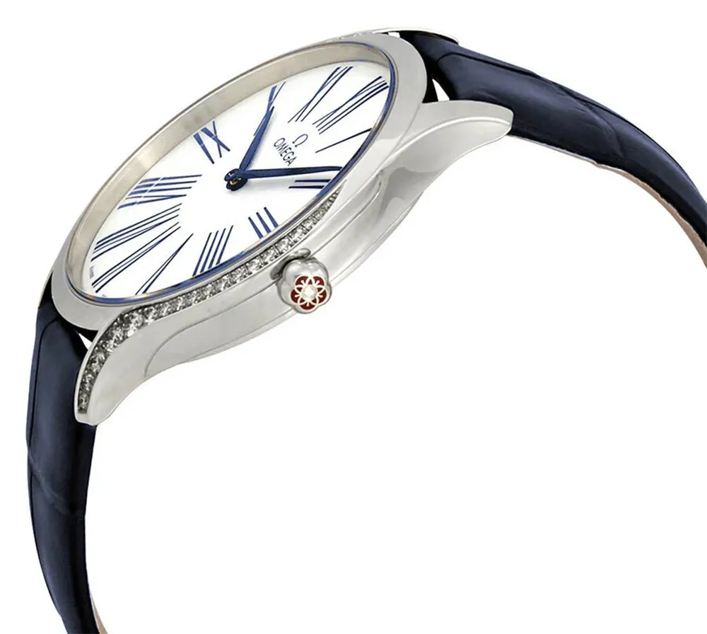 Omega De Ville Tr??sor Stainless Steel White Dial Blue Leather Strap Diamonds Quartz Womens Watch 428.18.39.60.04.001