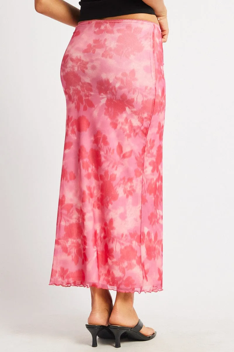 Pink Floral Mesh Skirt Elasticated Picot Trim Midaxi