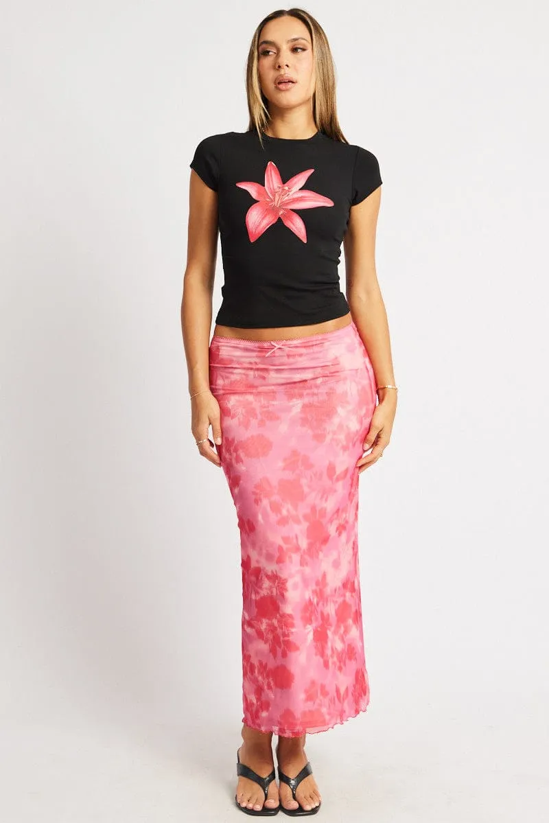 Pink Floral Mesh Skirt Elasticated Picot Trim Midaxi
