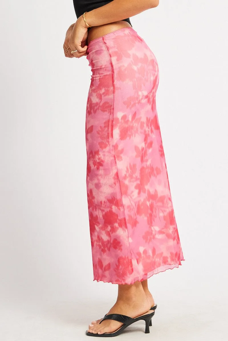 Pink Floral Mesh Skirt Elasticated Picot Trim Midaxi