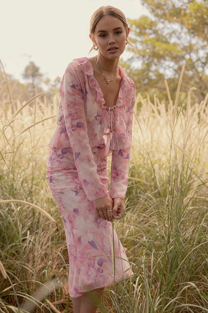 Pink Floral Midi Skirt Floral Printed Chiffon,skirt,denim skirt,mini skirt,maxi skirt,jean skirt,skort,tennis skirt,pleated skirt,pencil skirt,bubble skirt,plisse skirt,fitted skirt,midi skirt,short skirt,short mini skirt,leather skirt,a line skirt