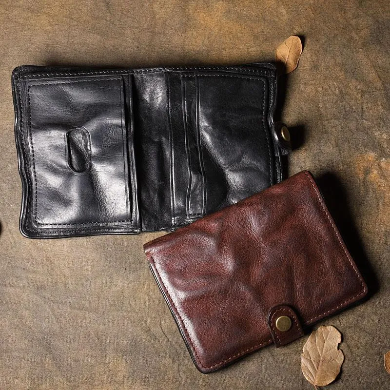 Pleated Leather Mens Vertical Black billfold Wallet on sale Men Brown Small Bifold Wallets on sale for Men