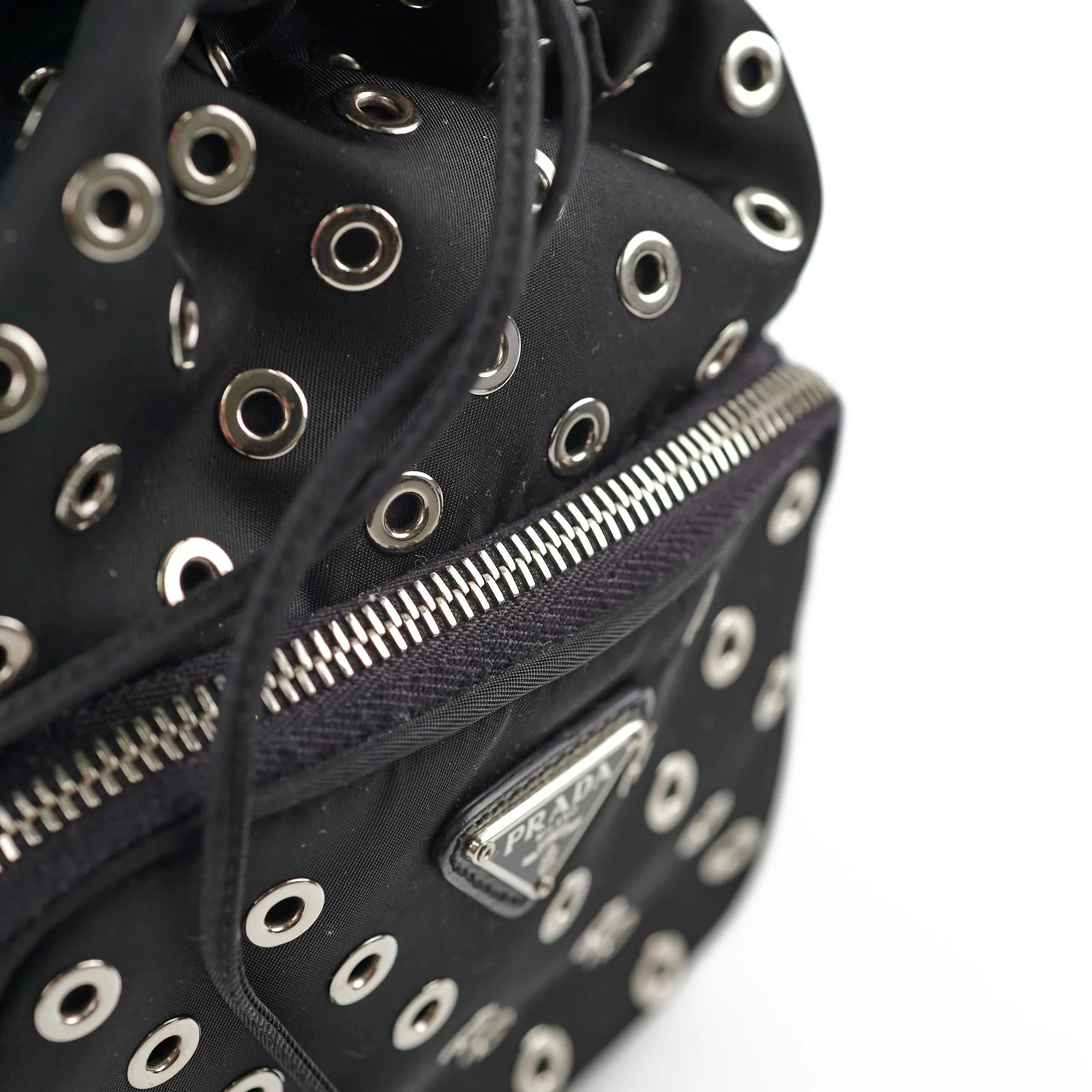 Prada Tessuto Nylon Saffiano Grommets Mini Bucket Crossbody Black