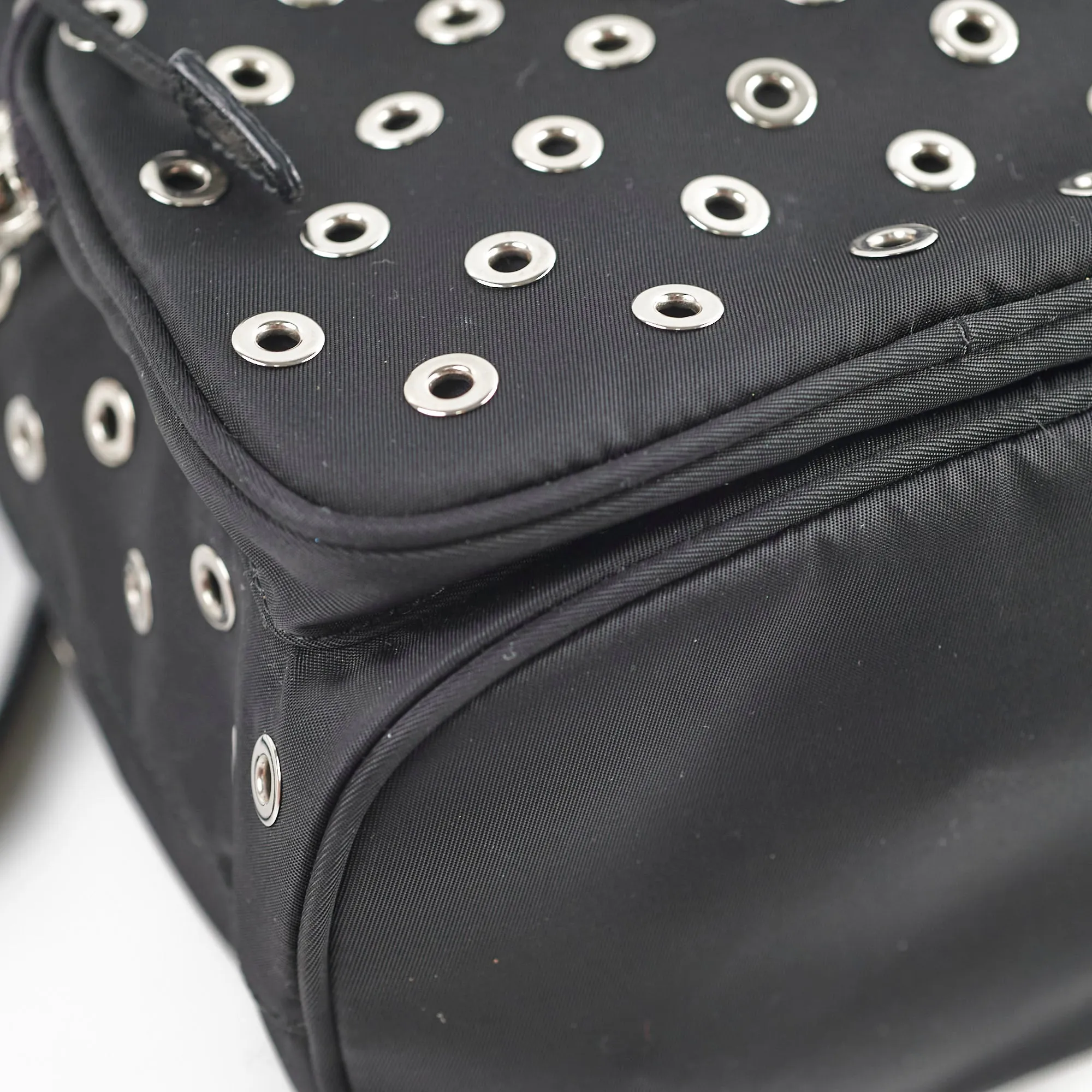 Prada Tessuto Nylon Saffiano Grommets Mini Bucket Crossbody Black