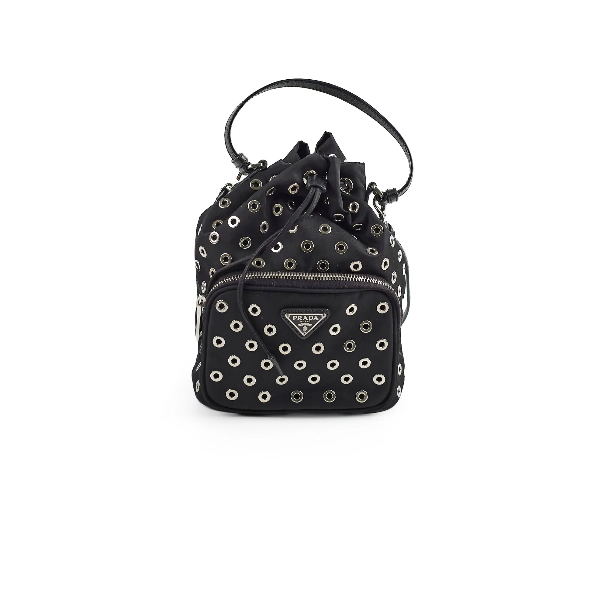 Prada Tessuto Nylon Saffiano Grommets Mini Bucket Crossbody Black