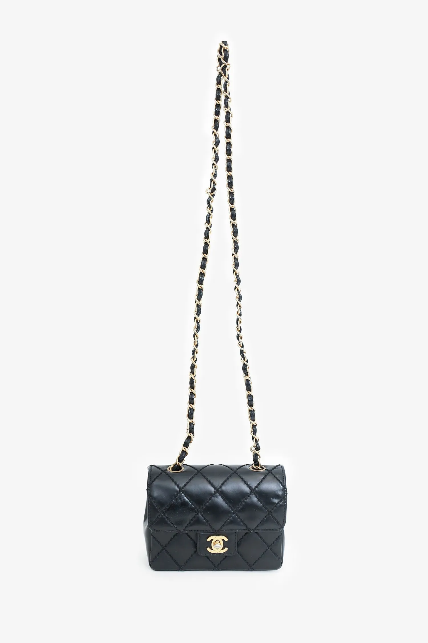 Pre-Loved Chanel? 2003-04 Black Calfskin Wild Stitch Mini Classic Square Flap Bag \'As Is\'