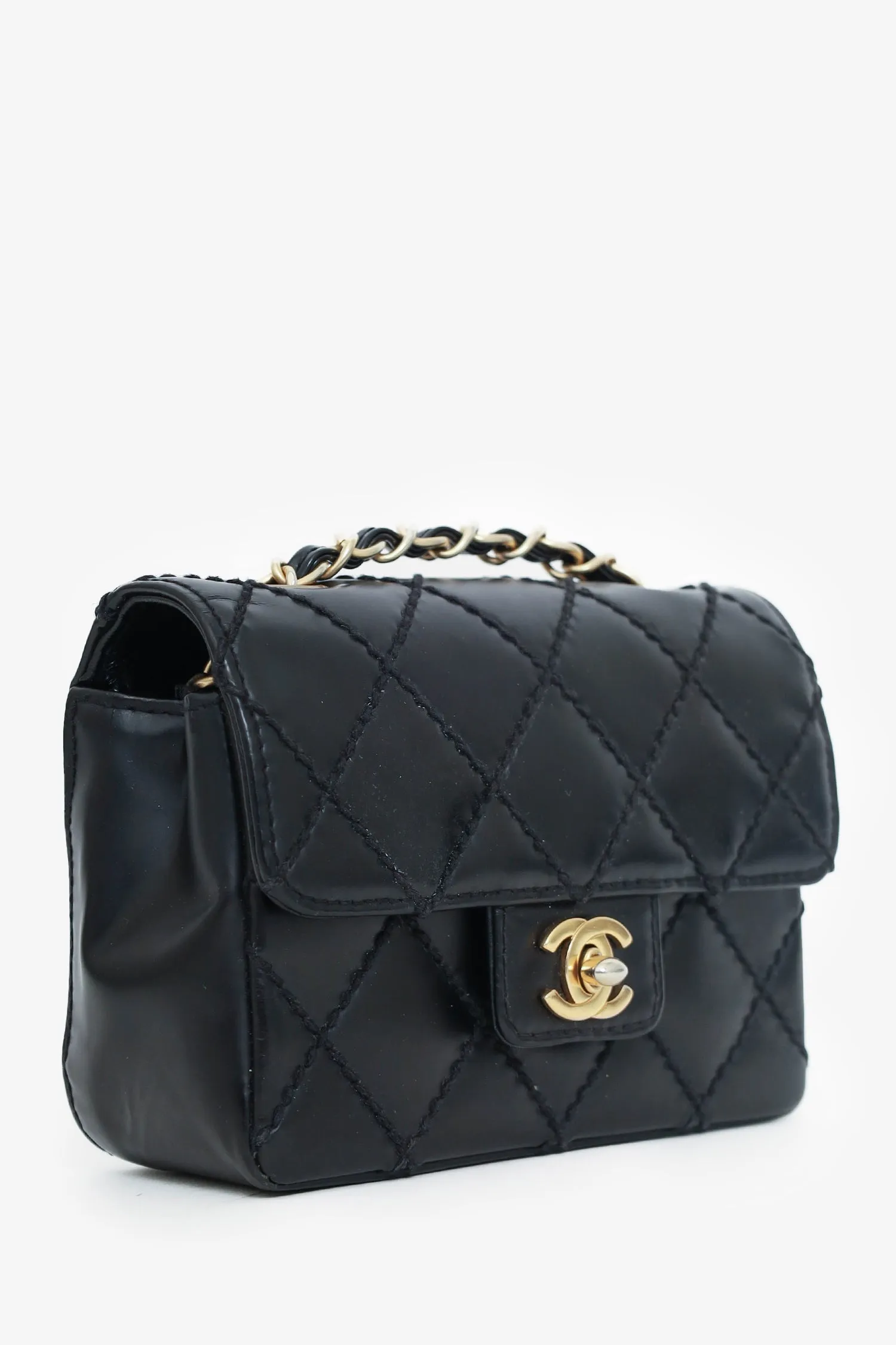 Pre-Loved Chanel? 2003-04 Black Calfskin Wild Stitch Mini Classic Square Flap Bag \'As Is\'