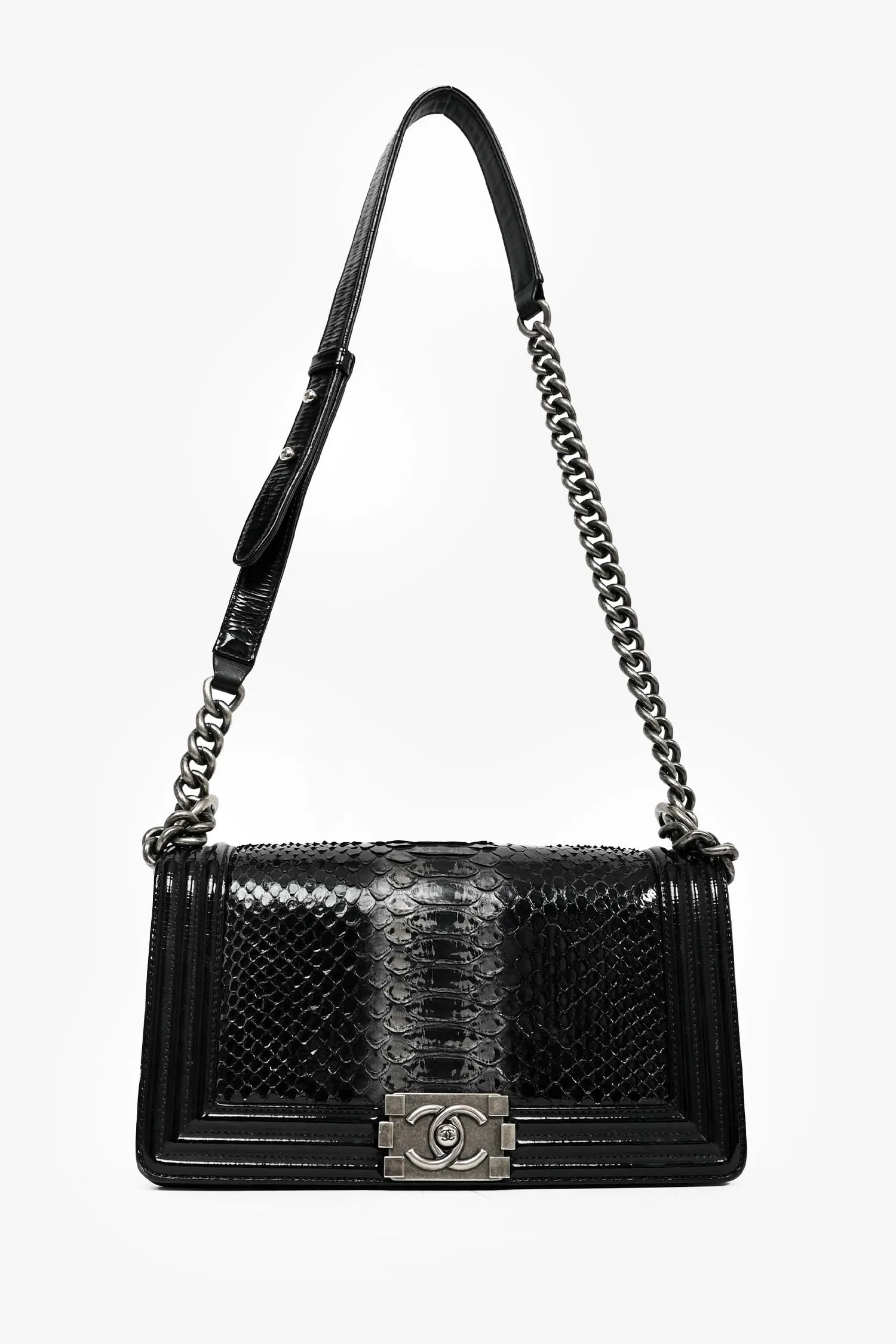 Pre-Loved Chanel? 2014-15 Black/Grey Python Medium Boy Bag handbags bulk sale