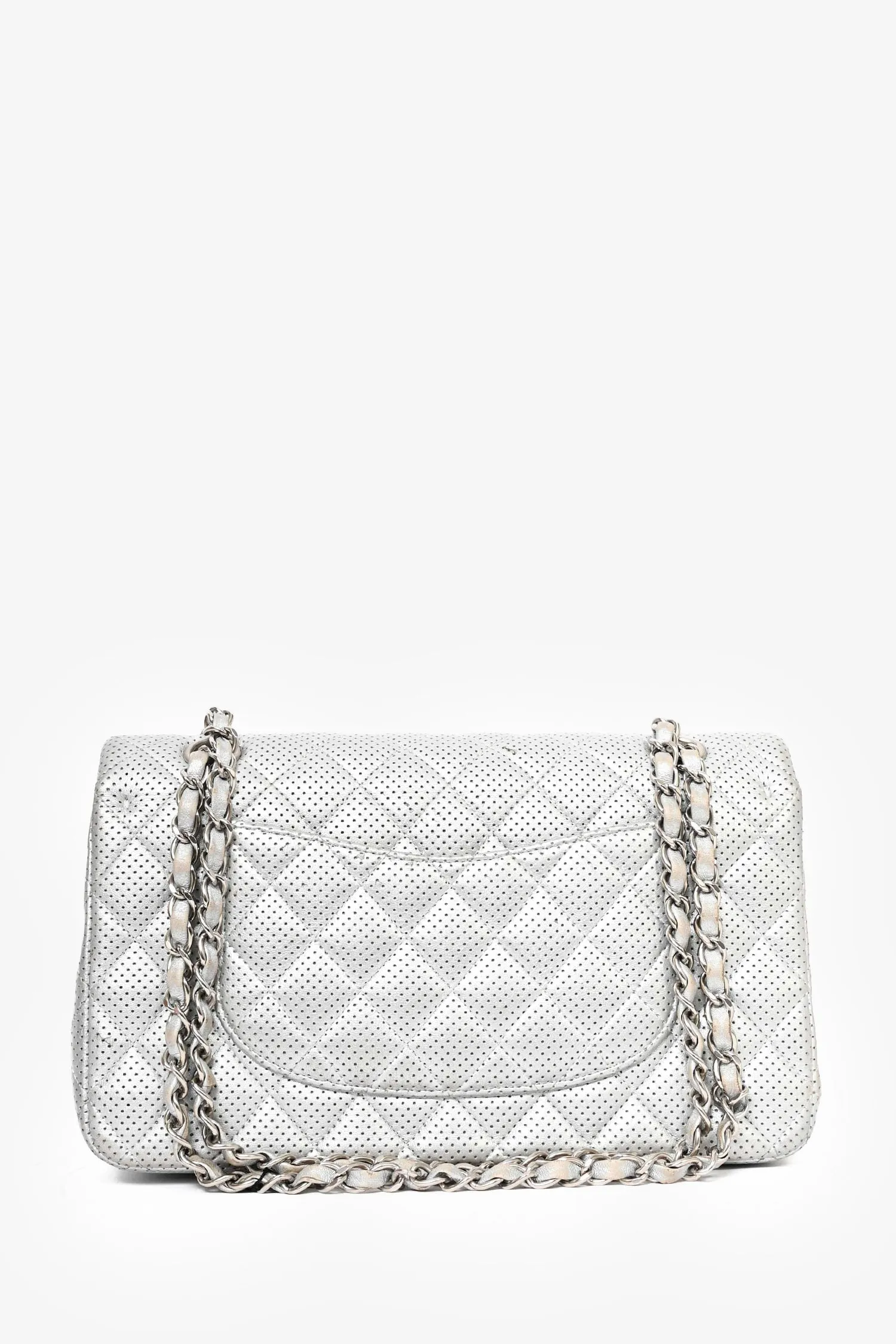 Pre-Loved Chanel? 2014 Silver Perforated Leather Medium Double Flap Shoulder Bag