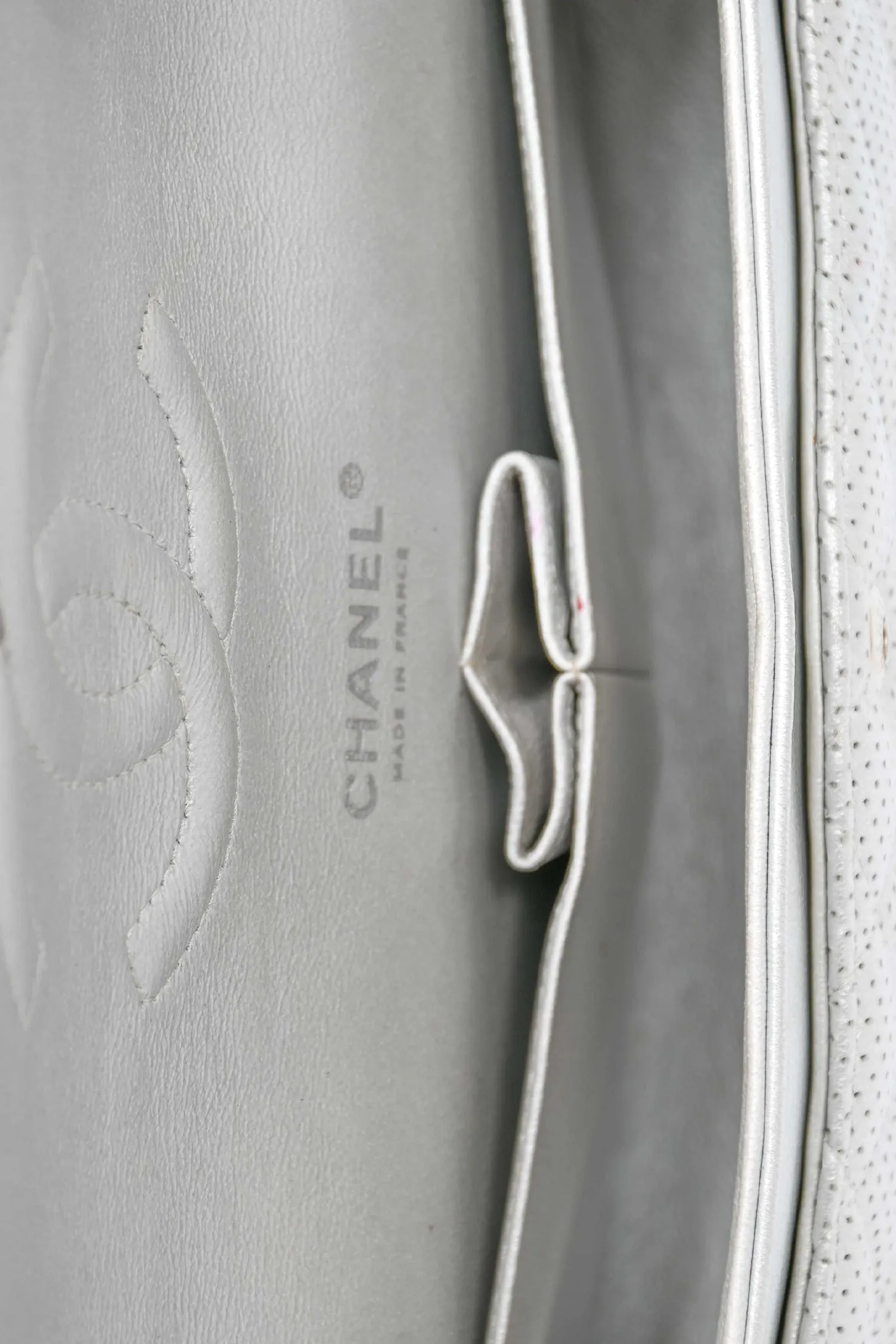 Pre-Loved Chanel? 2014 Silver Perforated Leather Medium Double Flap Shoulder Bag