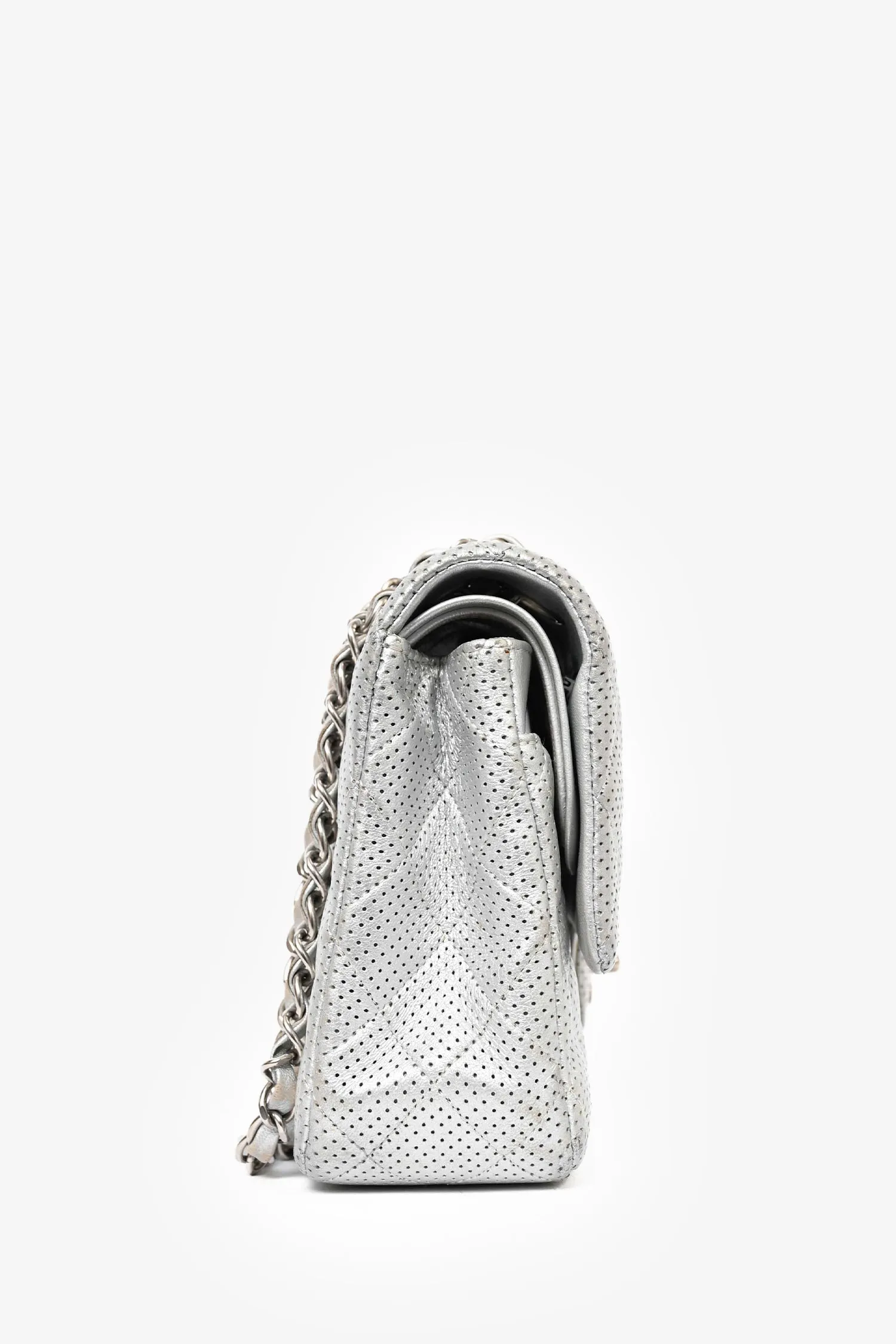 Pre-Loved Chanel? 2014 Silver Perforated Leather Medium Double Flap Shoulder Bag