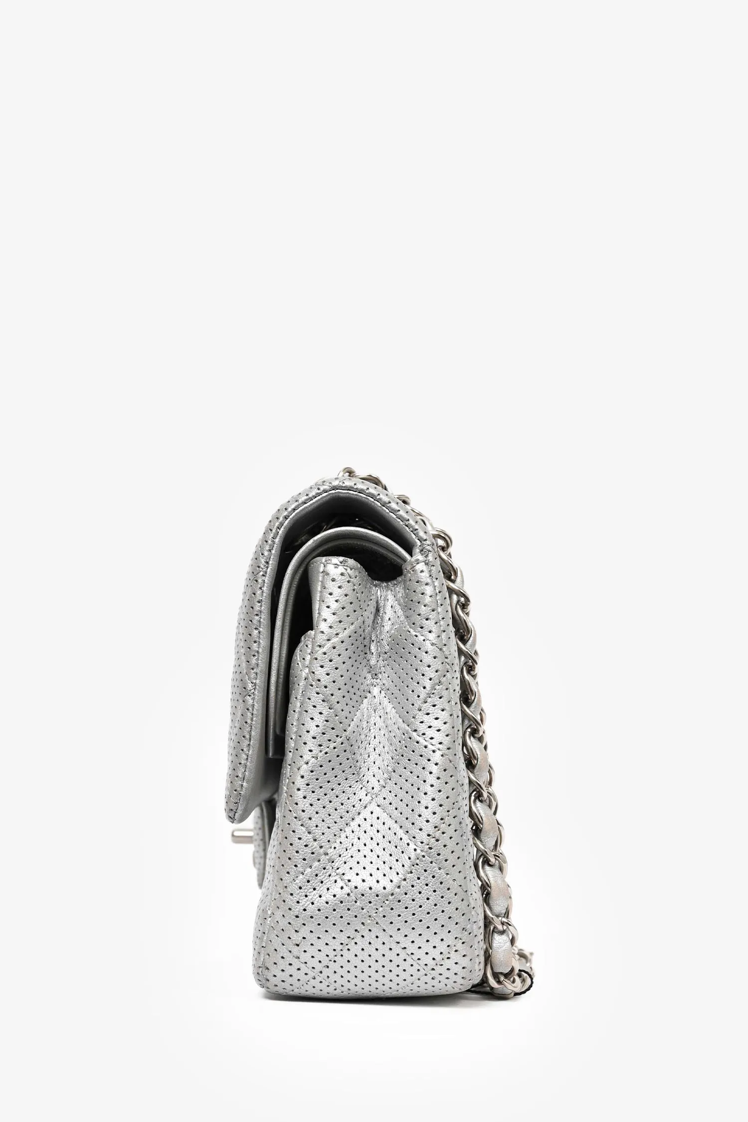 Pre-Loved Chanel? 2014 Silver Perforated Leather Medium Double Flap Shoulder Bag