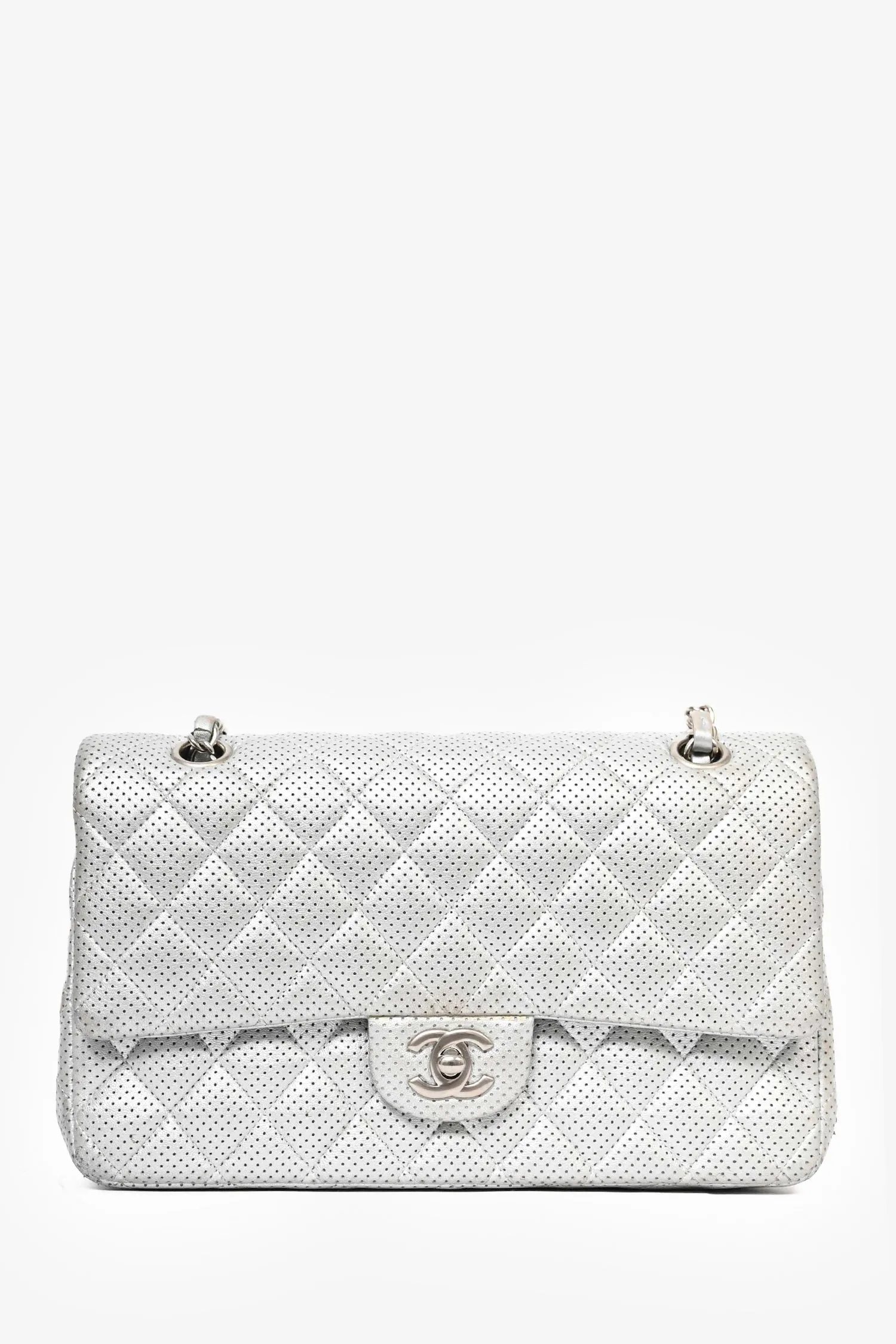 Pre-Loved Chanel? 2014 Silver Perforated Leather Medium Double Flap Shoulder Bag handbags bulk sale