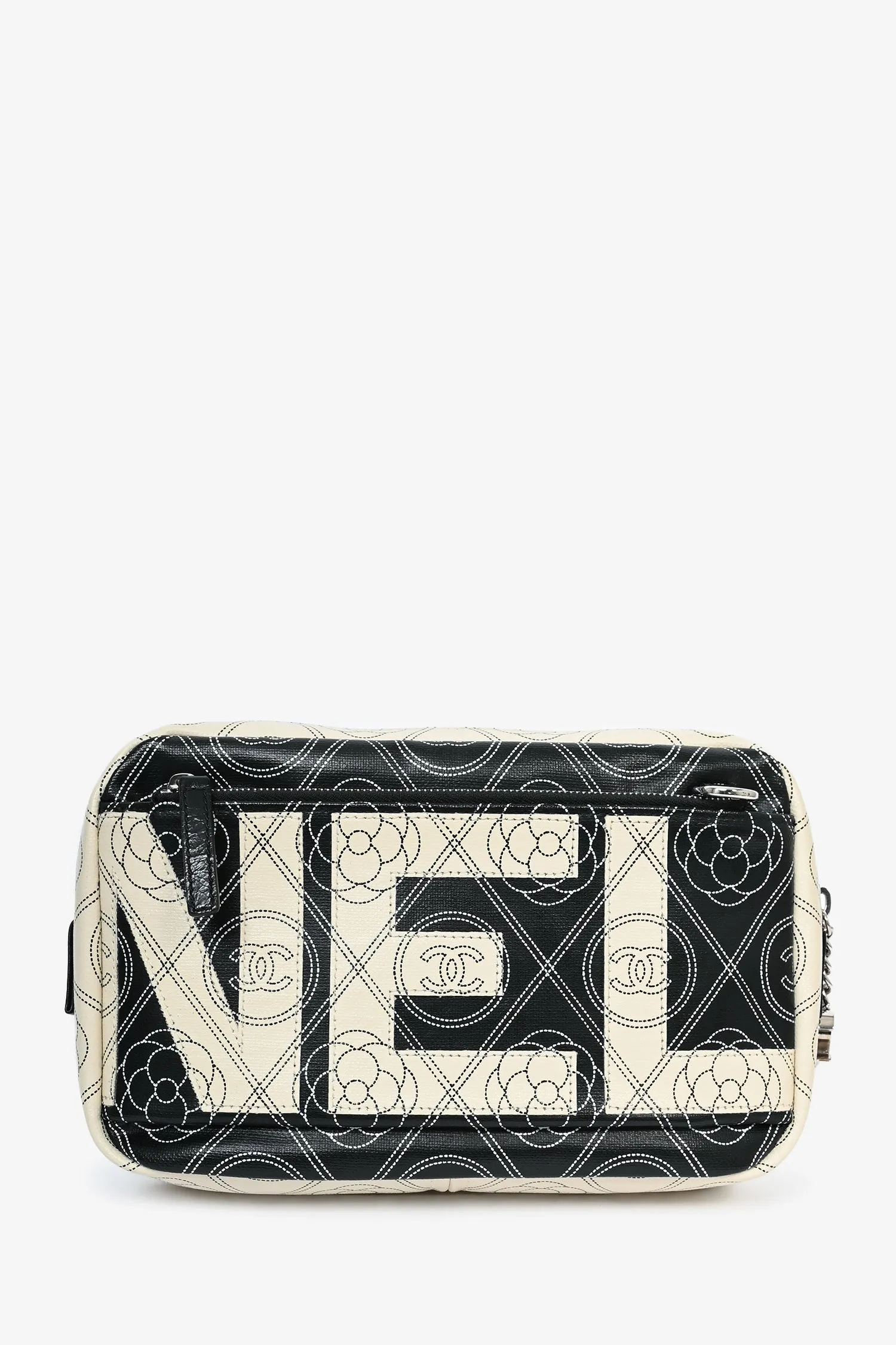 Pre-Loved Chanel? 2017/18 Black/White Coated Canvas Camellia Logo Camera Bag with Strap