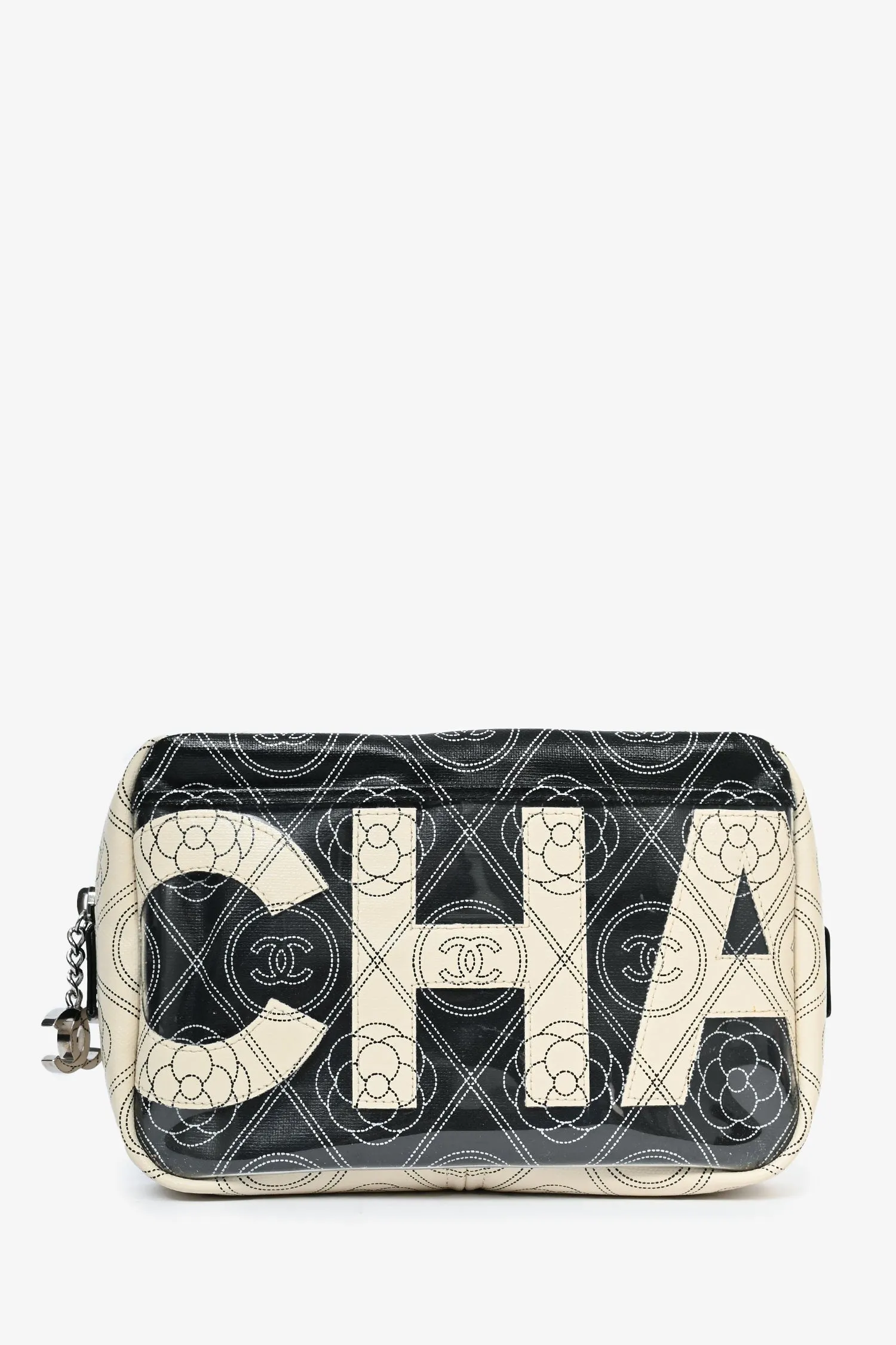 Pre-Loved Chanel? 2017/18 Black/White Coated Canvas Camellia Logo Camera Bag with Strap handbags bulk sale