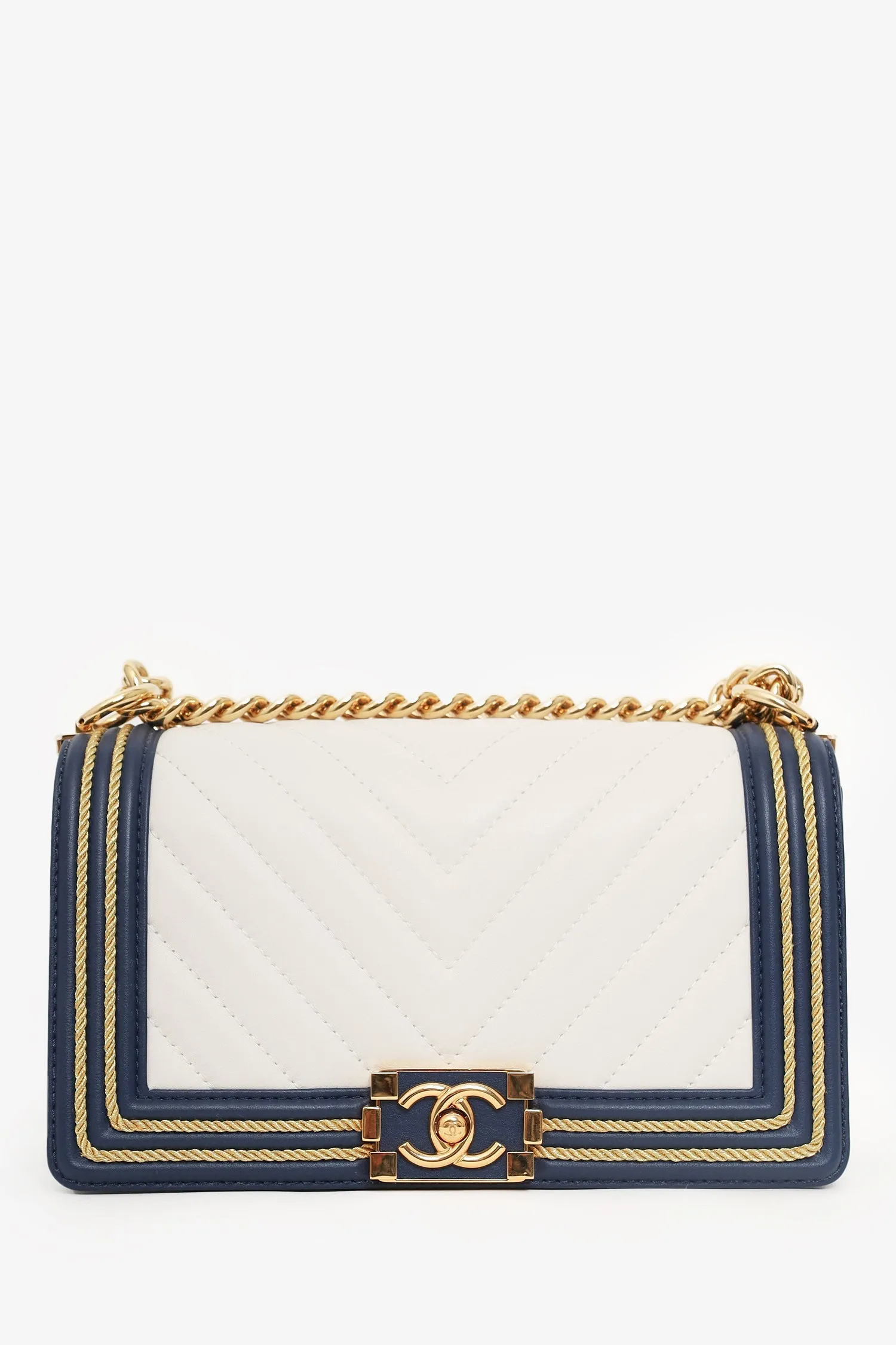 Pre-loved Chanel? 2018/19 White/Navy Calfskin Chevron Quilted Braided Medium Boy Bag handbags bulk sale