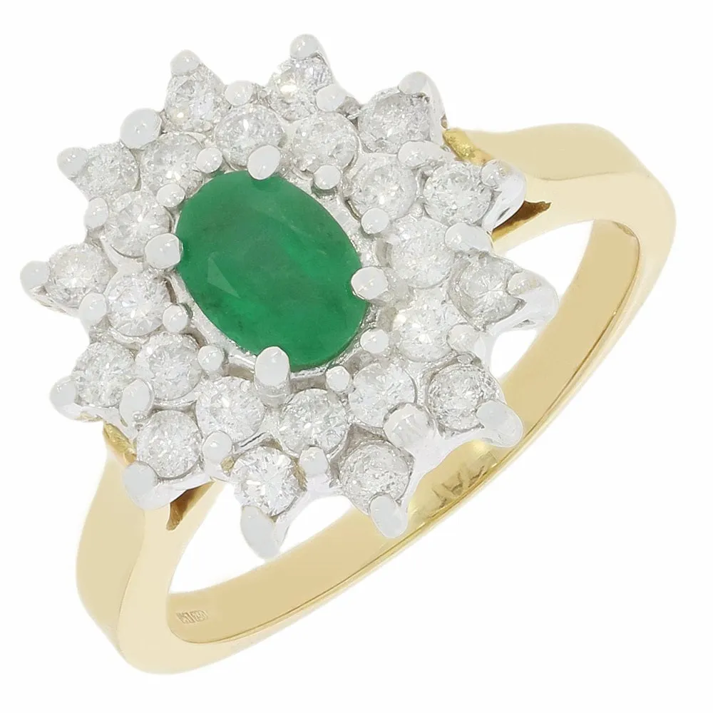 Pre Owned 18ct Gold Emerald and 1.00cts Diamond Cluster Ring 