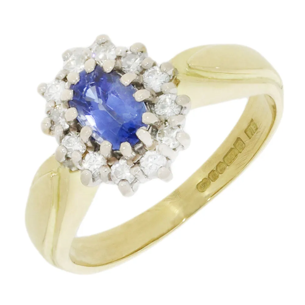 Pre Owned 18ct Yellow Gold Sapphire And 0.25cts Diamond Cluster Ring 