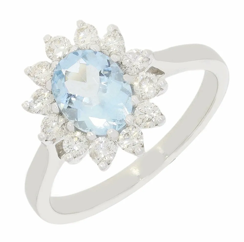 Pre Owned 9ct White Gold 0.90ct Aquamarine and 0.50cts Diamond Cluster Ring 