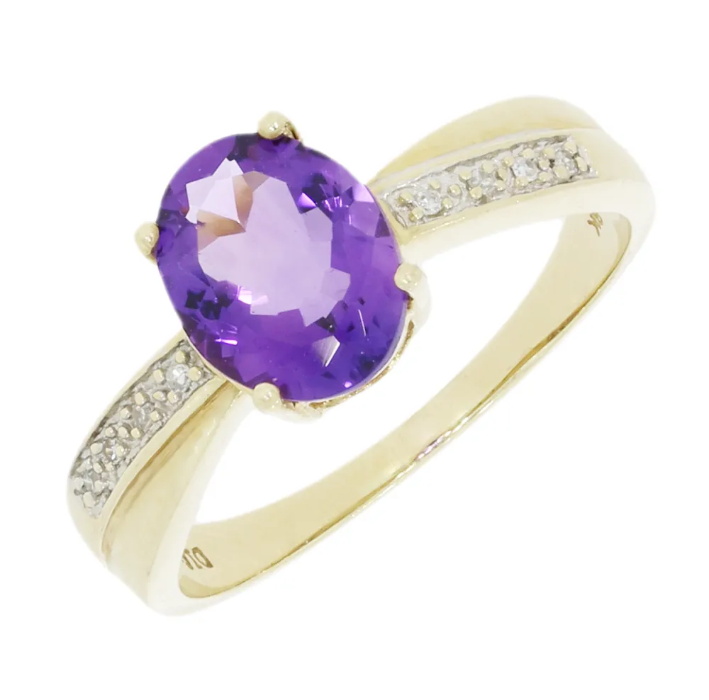 Pre Owned 9ct Yellow Gold Amethyst and Diamond Ring 