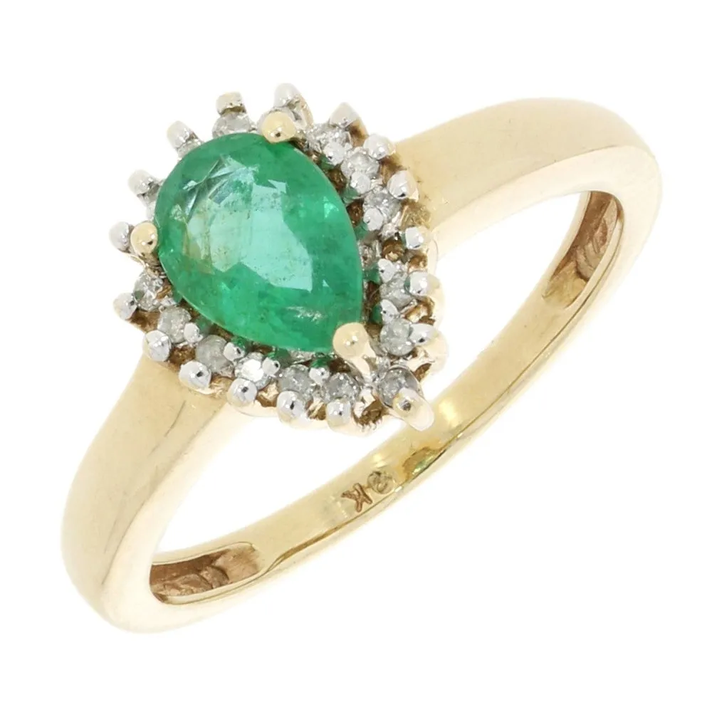 Pre Owned 9ct Yellow Gold Emerald and Diamond Cluster Ring 