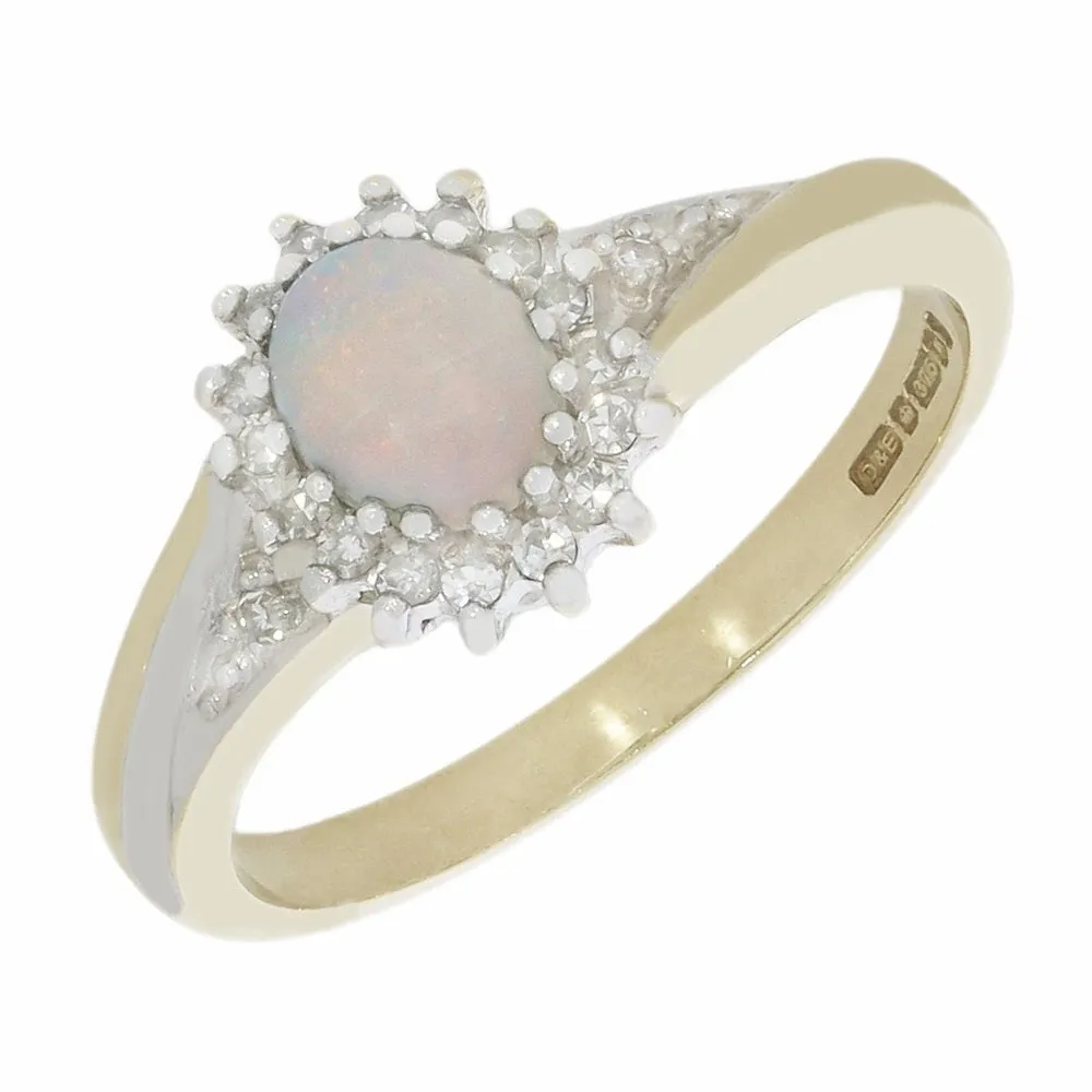 Pre Owned 9ct Yellow Gold Opal and Diamond Cluster Ring 