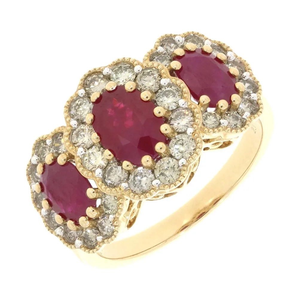 Pre Owned 9ct Yellow Gold Ruby and Diamond Triple Cluster Ring 