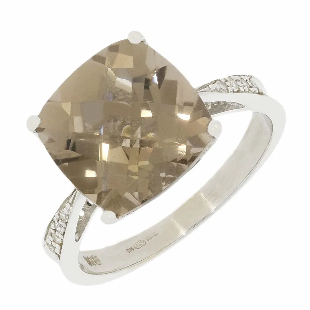Pre Owned Ladies 9ct White Gold Smokey Quartz and Diamond Ring 