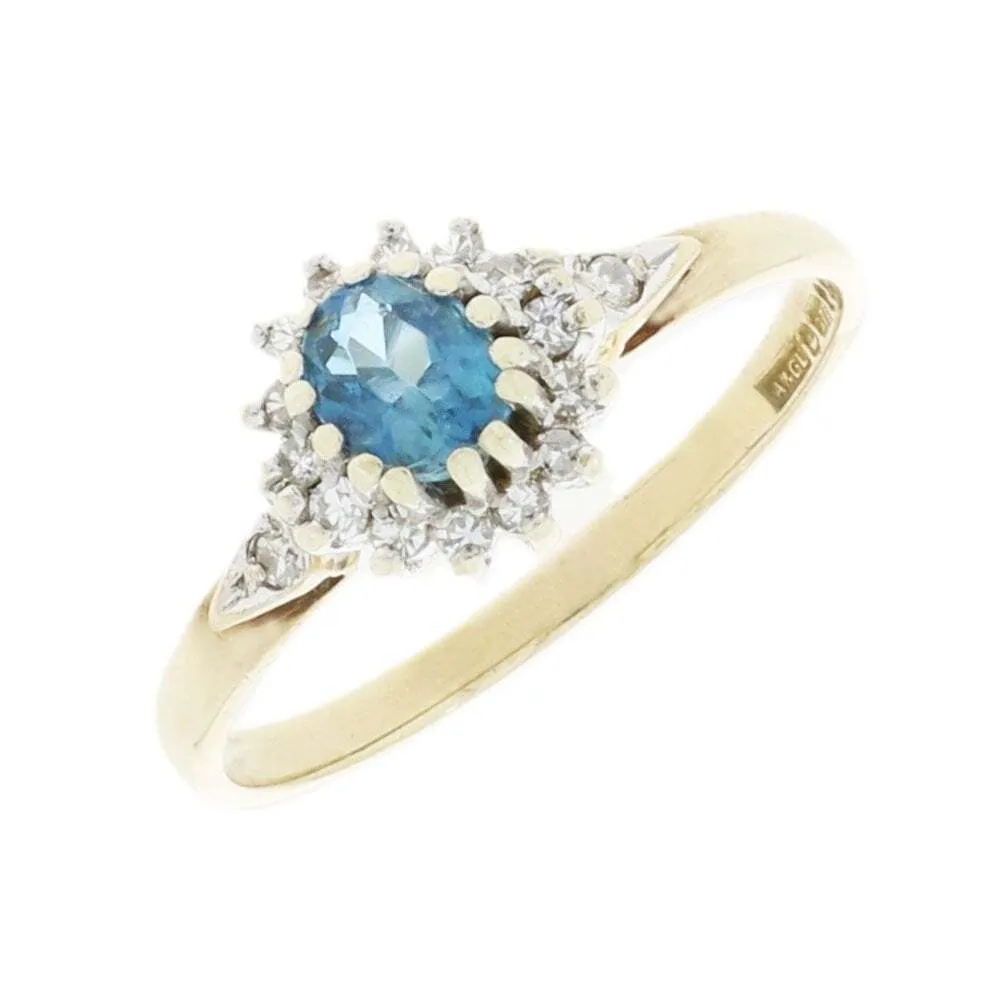 Pre Owned Ladies 9ct Yellow Gold Blue Topaz and Diamond Ring 