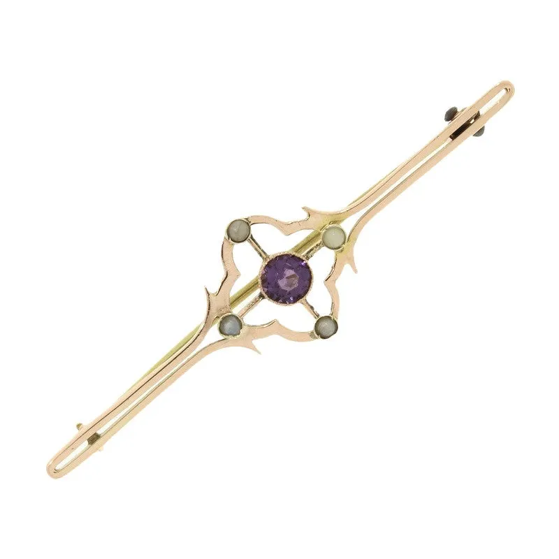Pre Owned Vintage 9ct Rose Gold Amethyst And Seed Pearl Bar Brooch 
