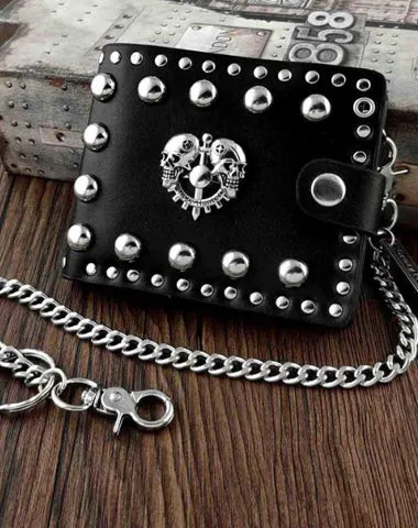 Punk Black Leather Men's Small Biker Wallet Chain Wallet Skull billfold Wallet with Chain For Men Free shipping wallets