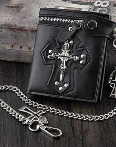Punk Black Leather Men's Small Biker Wallet Chain Wallet Skull Cross billfold Wallet with Chain For Men Free shipping wallets