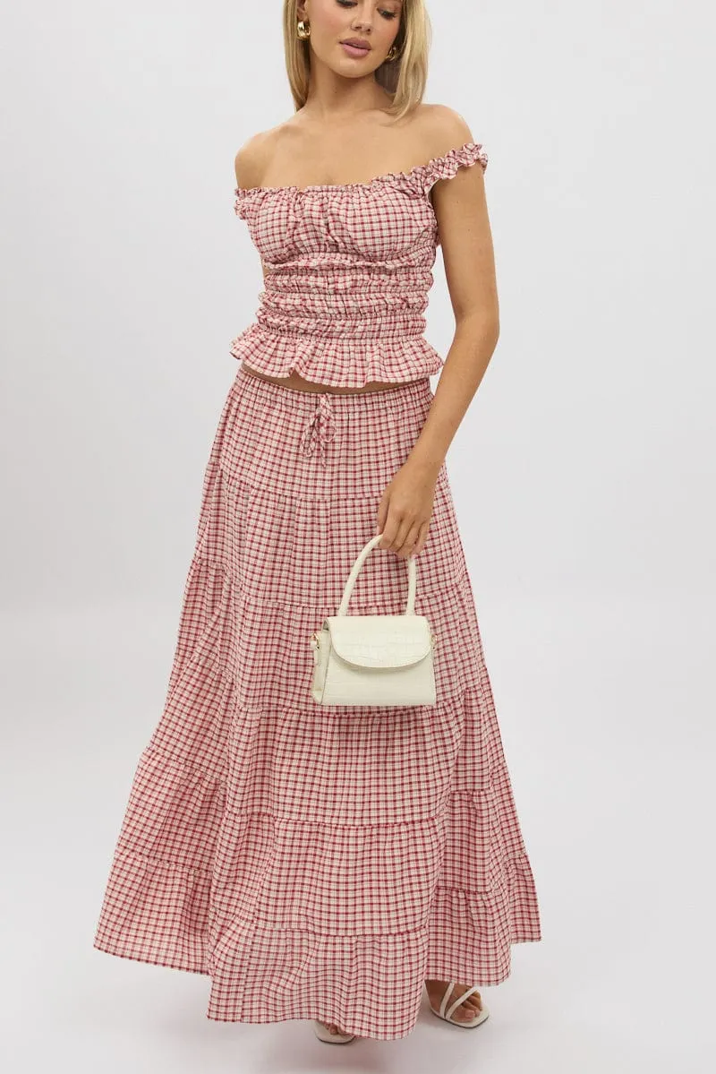 Red Check Maxi Skirt Tiered High Rise,skirt,denim skirt,mini skirt,maxi skirt,jean skirt,skort,tennis skirt,pleated skirt,pencil skirt,bubble skirt,plisse skirt,fitted skirt,midi skirt,short skirt,short mini skirt,leather skirt,a line skirt,Split skirt
