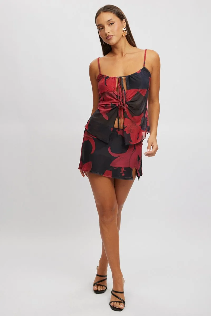 Red Floral Mini Skirt Mid Rise Slit Mesh,skirt,denim skirt,mini skirt,maxi skirt,jean skirt,skort,tennis skirt,pleated skirt,pencil skirt,bubble skirt,plisse skirt,fitted skirt,midi skirt,short skirt,short mini skirt,leather skirt,a line skirt