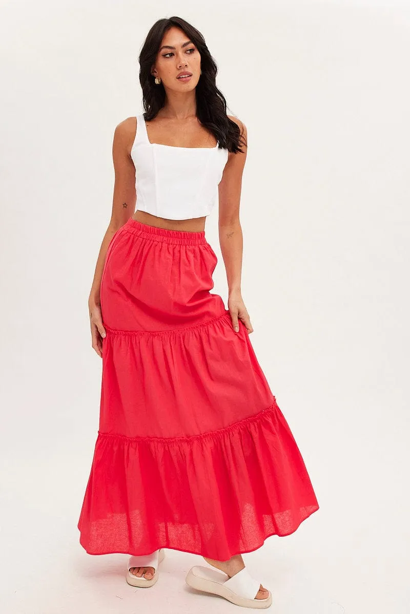 Red Maxi Skirt Tiered,skirt,denim skirt,mini skirt,maxi skirt,jean skirt,skort,tennis skirt,pleated skirt,pencil skirt,bubble skirt,plisse skirt,fitted skirt,midi skirt,short skirt,short mini skirt,leather skirt,a line skirt