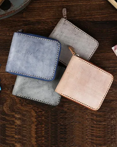Retro Handmade Mens Zipper Black billfold Wallet on sale Brown Bifold Card Wallet on sale Small Wallet on sale For Men
