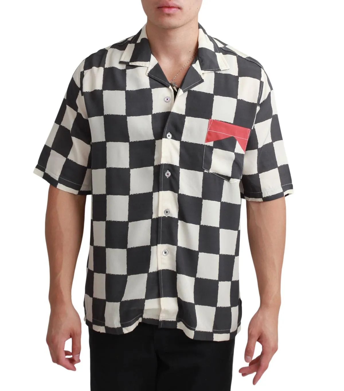 Rhude Silk Printed Broken Checker Shirt Ivory Black
