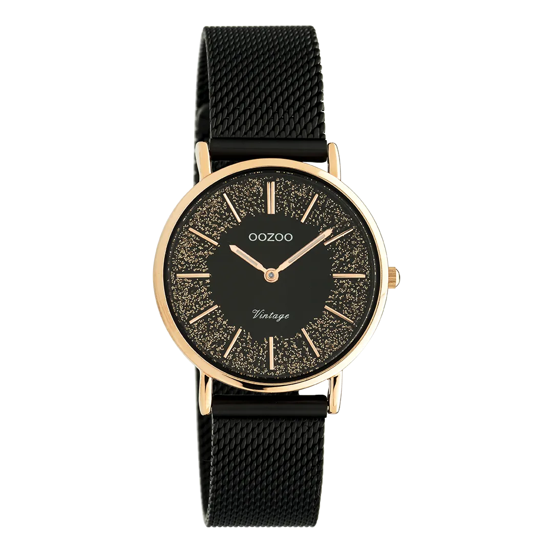 Rose gold coloured OOZOO watch with black metal mesh bracelet - C20143