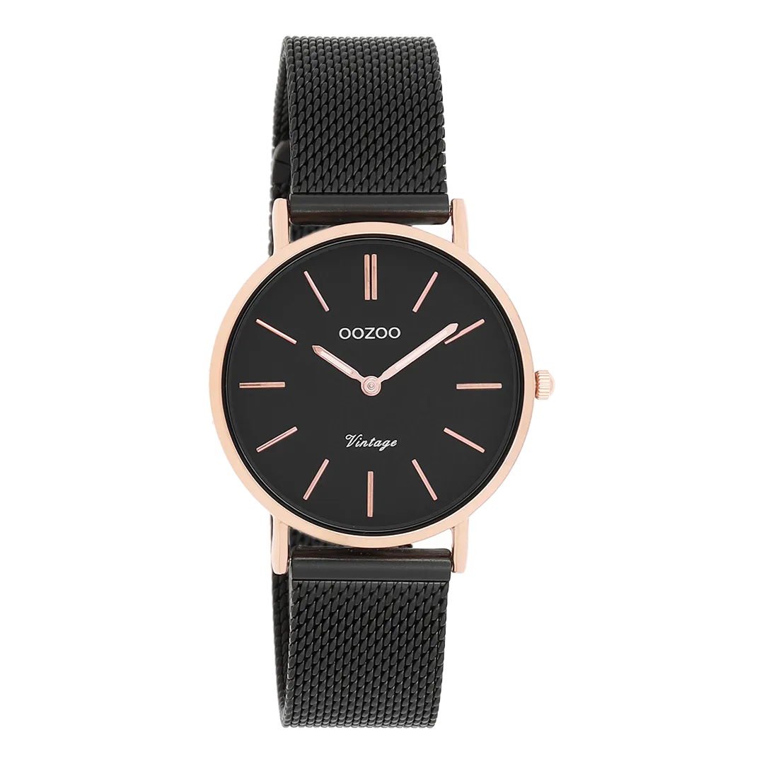 Rose gold coloured OOZOO watch with black metal mesh bracelet - C8871