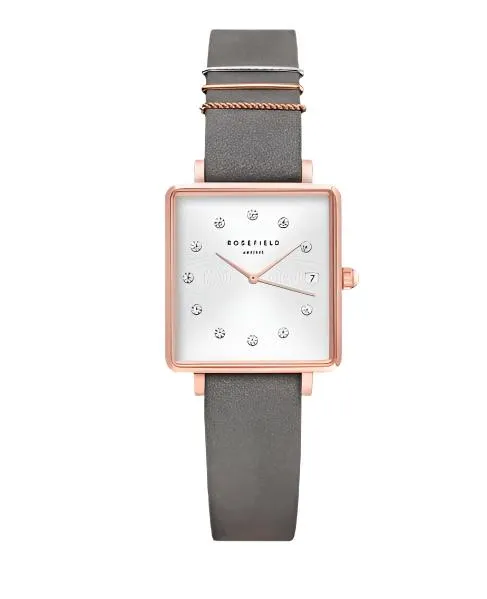 Rosefield Mini Boxy White Dial Grey Leather Strap Watch QWGR-Q037 