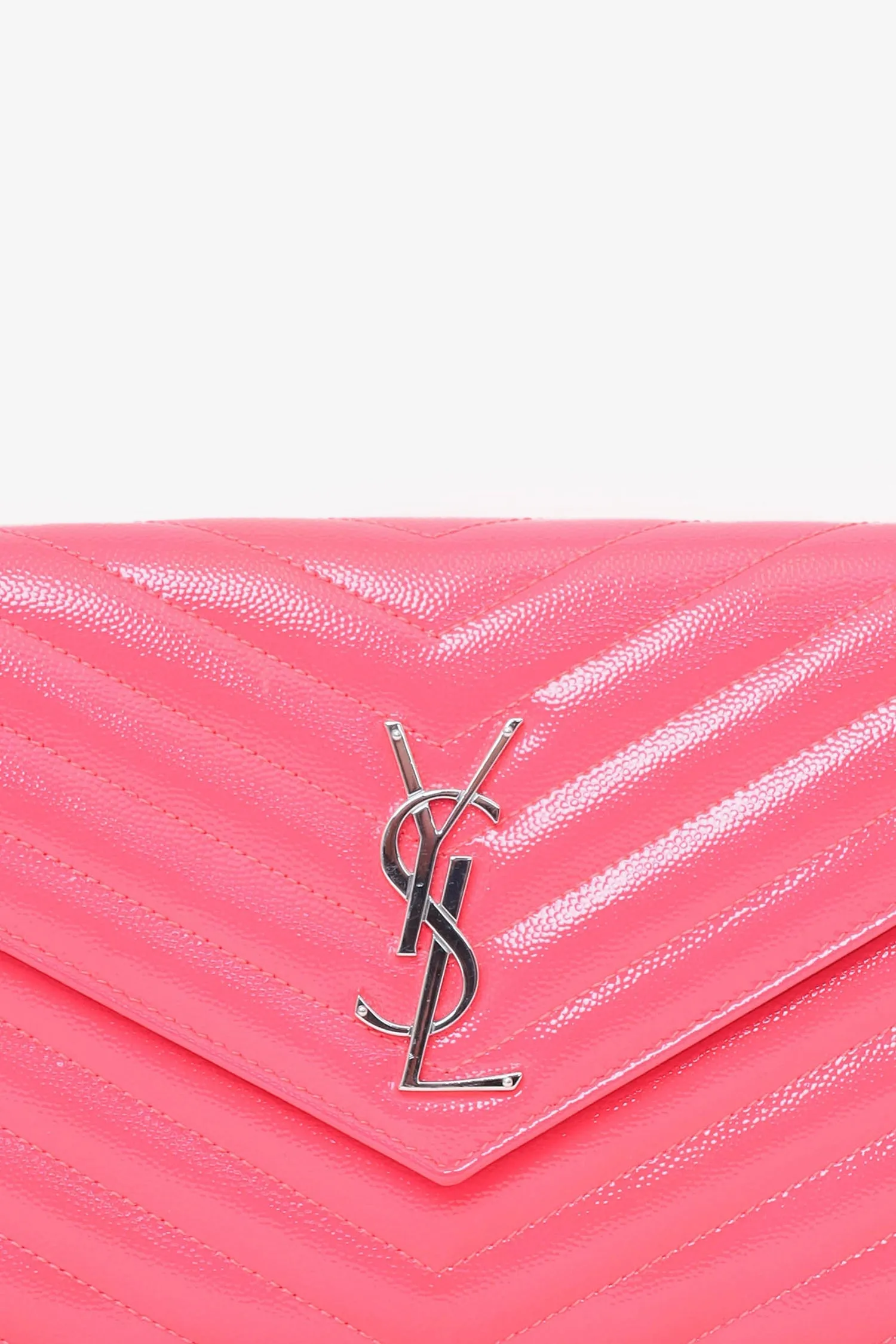 Saint Laurent Hot Pink Leather Chevron Quilted Envelope Wallet on Chain
