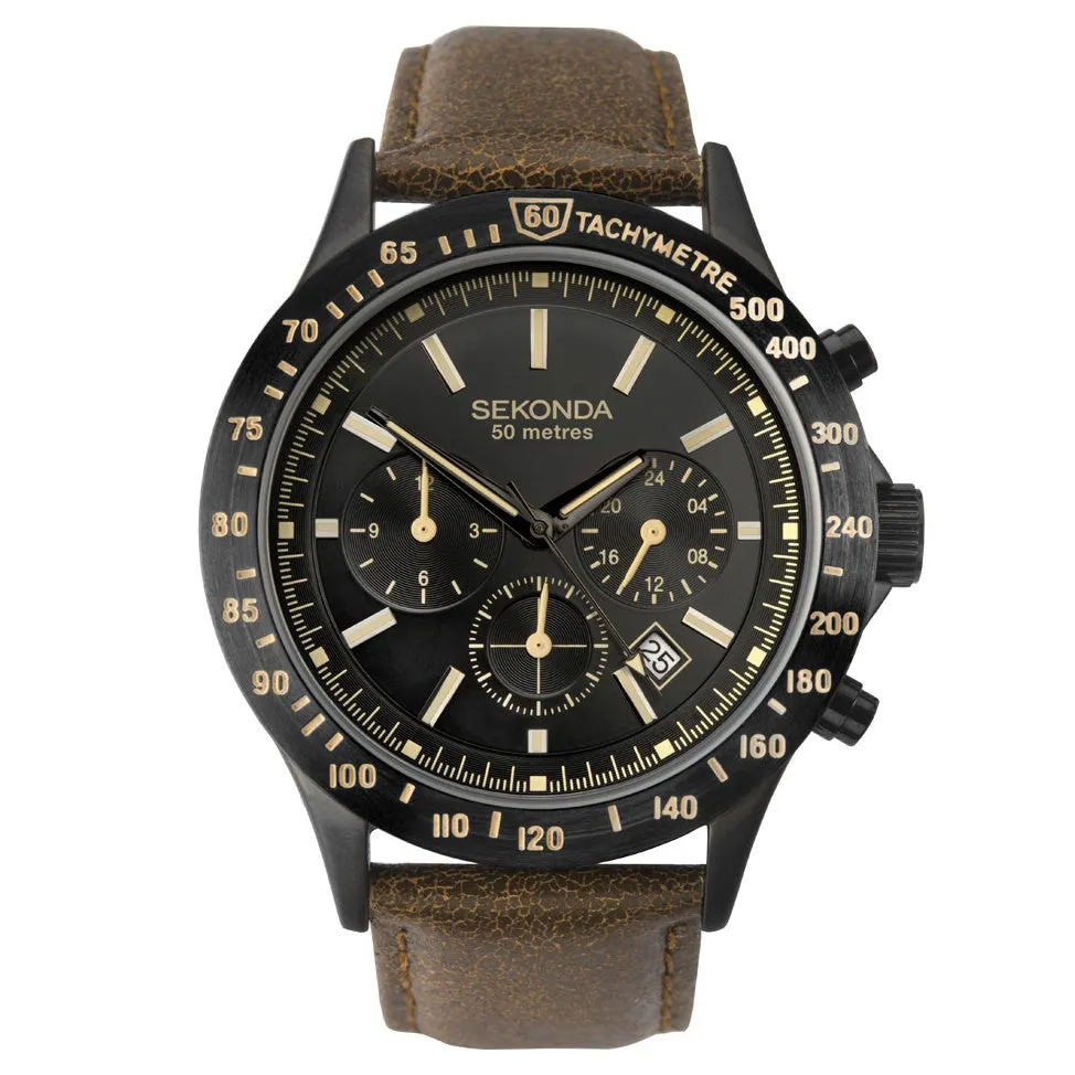 Sekonda Sports Dual Time Mens Watch Black Dial Tan Strap 1651 