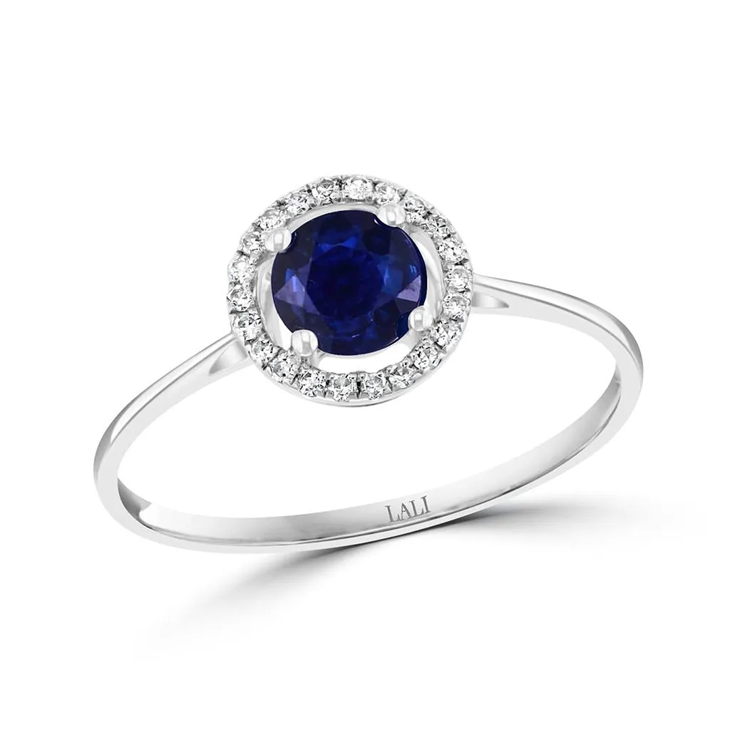 September Birthstone Rings: 14K White Gold Diamond And Sapphire Halo Ring 