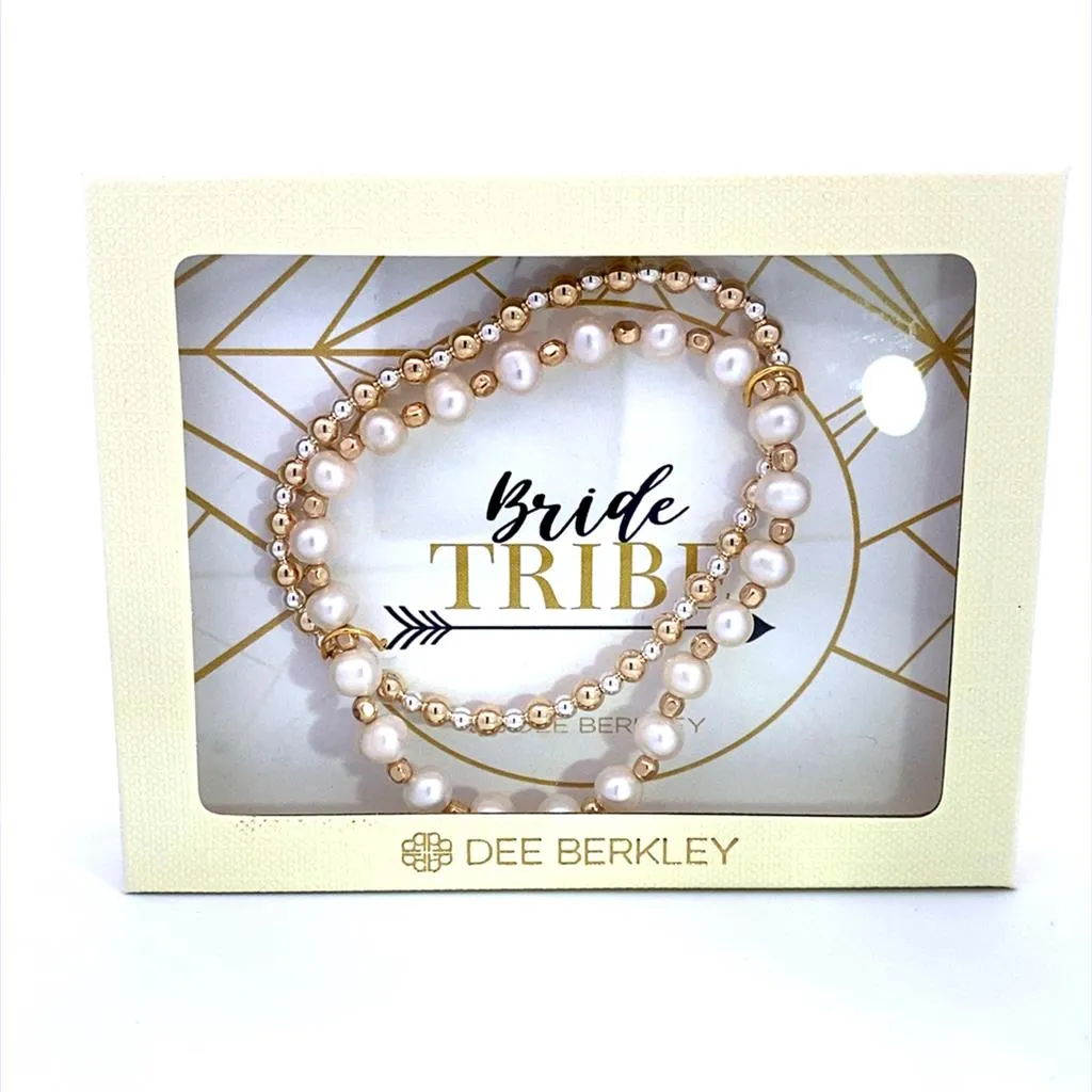 Set Of 2: Gold Filled Bead Bracelet With Pearl And Gold Filled Beads In "Bride Tribe" Cream Gift Box 